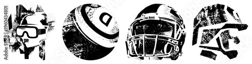 Athletic protective gear including ski goggles, hockey puck, football helmet, and abstract sports logo, rendered in bold halftone, vector art, isolated.