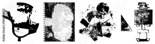 Stylized fragmented forms rendered in dot matrix textures, graphic design elements, modern art composition, vector abstraction.