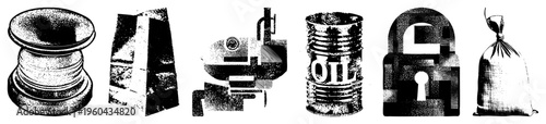 Gridded halftone renderings of oil barrel, padlock, sack, gear, and bag, stylized industrial symbols, security and logistics.