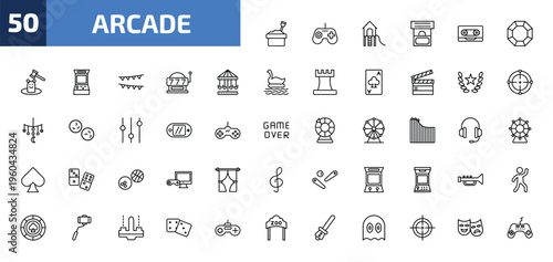 arcade outline icon set. 50 linear vector for ui, web and mobile. thin line sandbox, joystick, playground and more icons.
