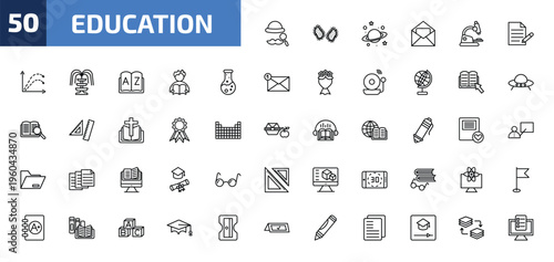 education outline icon set. 50 linear vector for ui, web and mobile. thin line sherlock holmes, parasites, planet saturn and more icons.