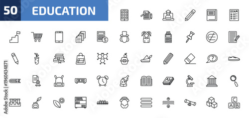 education outline icon set. 50 linear vector for ui, web and mobile. thin line smartphone app, thesis, online class and more icons.
