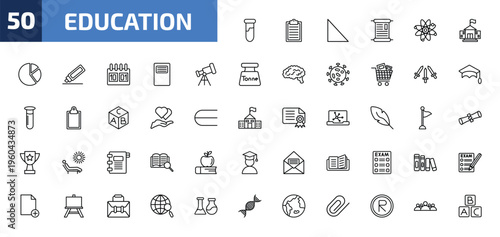 education outline icon set. 50 linear vector for ui, web and mobile. thin line tube, written clipboard, right triangle and more icons.