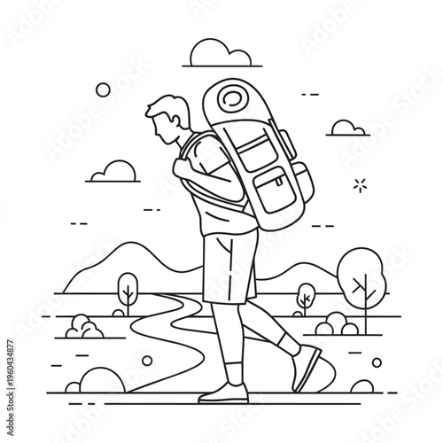 A man walking with a backpack on his back