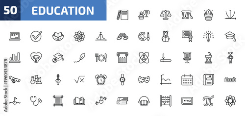 education outline icon set. 50 linear vector for ui, web and mobile. thin line hardbound book variant, teacher giving lecture, law and more icons.