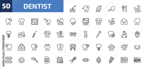 dentist outline icon set. 50 linear vector for ui, web and mobile. thin line interproximal, shiny tooth, dental protection and more icons.
