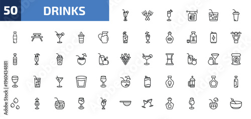 drinks outline icon set. 50 linear vector for ui, web and mobile. thin line tequila sunrise, forks, pisco sour and more icons.
