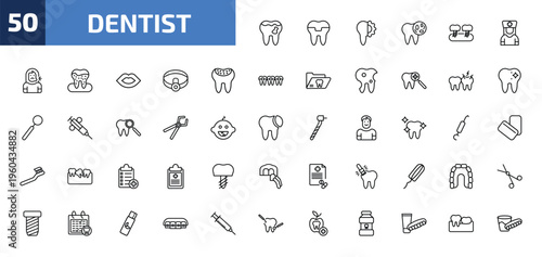 dentist outline icon set. 50 linear vector for ui, web and mobile. thin line cavities, molar crown, apicoectomy and more icons.