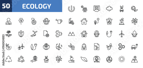 ecology outline icon set. 50 linear vector for ui, web and mobile. thin line green power, solar energy, dam and more icons.
