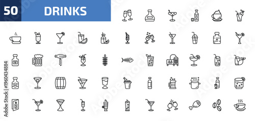 drinks outline icon set. 50 linear vector for ui, web and mobile. thin line wine toast, mashing, last word drink and more icons.
