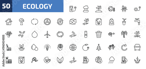 ecology outline icon set. 50 linear vector for ui, web and mobile. thin line electric station, geyser, growing plant and more icons.