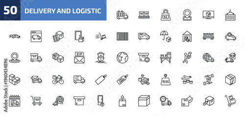 delivery and logistic outline icon set. 50 linear vector for ui, web and mobile. thin line delivery schedule, conveyor, weight and more icons.