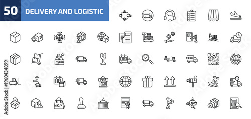 delivery and logistic outline icon set. 50 linear vector for ui, web and mobile. thin line supply chain, shipping, customer support and more icons.