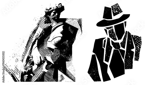 Silhouetted detective in fedora and trench coat, noir style, halftone shading, graphic vector art, mystery character, urban crime scene.