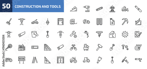 construction and tools outline icon set. 50 linear vector for ui, web and mobile. thin line inclined, electric drill, plumb rule tool and more icons.