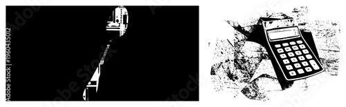 Retro handheld calculator with numeric keypad, held in hand, halftone graphic style, vector, office tool, computing device, analog tech relic.