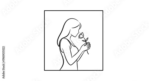 Minimalist line art of a woman smelling a rose, elegant and serene beauty