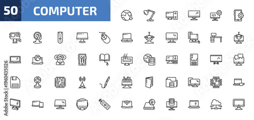 computer outline icon set. 50 linear vector for ui, web and mobile. thin line download from the net, study lamp, work station and more icons.