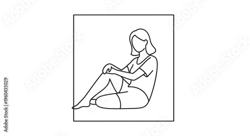 Minimalist line art of a woman sitting cross-legged, relaxed pose, simple illustration