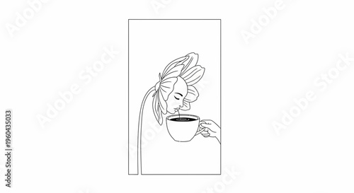Minimalist line art of a woman with flower petals as hair drinking coffee from a cup.