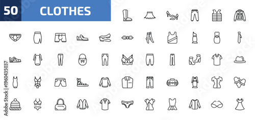 clothes outline icon set. 50 linear vector for ui, web and mobile. thin line wool boots, circle skirt, high heel and more icons.