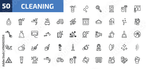 cleaning outline icon set. 50 linear vector for ui, web and mobile. thin line shampoo, liquid, hygroscopic and more icons.
