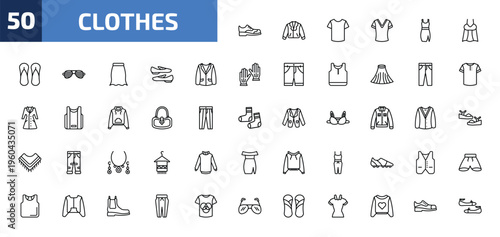 clothes outline icon set. 50 linear vector for ui, web and mobile. thin line leather derby shoe, leather biker jacket, t-shirt and more icons.
