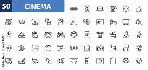 cinema outline icon set. 50 linear vector for ui, web and mobile. thin line film negatives, film, buy tickets online and more icons.