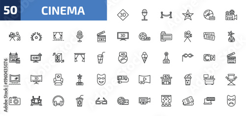 cinema outline icon set. 50 linear vector for ui, web and mobile. thin line 3d text, studio mic, cinema borders and more icons.