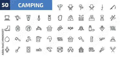 camping outline icon set. 50 linear vector for ui, web and mobile. thin line slingshot, camp chair, tree and more icons.