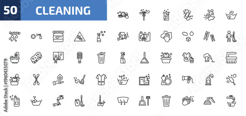 cleaning outline icon set. 50 linear vector for ui, web and mobile. thin line washing plate, feather duster, hard water and more icons.