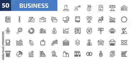 business outline icon set. 50 linear vector for ui, web and mobile. thin line rubber stamp, man talking, money sack and more icons.