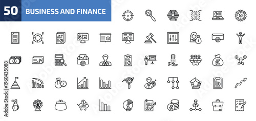 business and finance outline icon set. 50 linear vector for ui, web and mobile. thin line target, money searcher, radar chart and more icons.