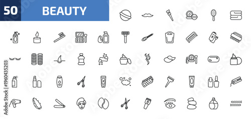 beauty outline icon set. 50 linear vector for ui, web and mobile. thin line bath salts bomb, big moustache, makeup brush and more icons.