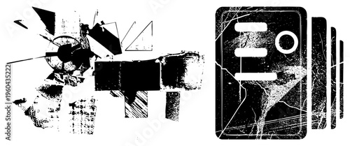 Fragmented vector shapes with distressed textures, halftone dots, and cracked, stylized graphic elements, design, glitch art composition.