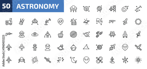 astronomy outline icon set. 50 linear vector for ui, web and mobile. thin line big ufo, neptune with satellite, jupiter with satellite and more icons.