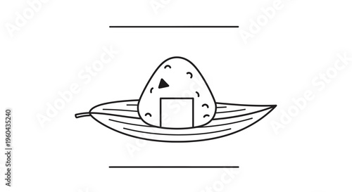 Minimalist Onigiri Rice Ball on Leaf, Japanese Food Icon, Simple Line Art