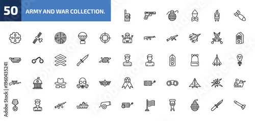 army and war collection. outline icon set. 50 linear vector for ui, web and mobile. thin line walkie talkie, , granade and more icons.