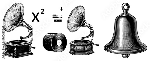 Antique gramophone with horn and record, vintage bell, mathematical equation, engraved art, retro equipment, historical sound device.