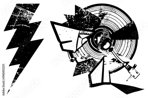Black and white graphic of a shattered vinyl record with a lightning bolt, retro symbol, music, punk rock motif, distressed texture, bold.