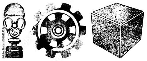 Retro gas mask, mechanical gear, textured cube, vector, distressed halftone style, industrial design elements, graphic symbols.