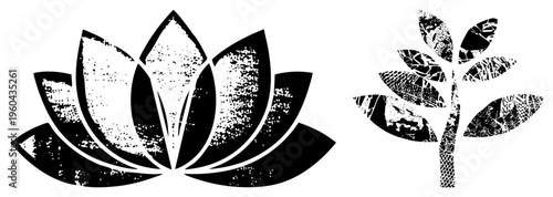 Stylized lotus bloom and leafy tree in, distressed texture, graphic design, symbolic nature, spiritual, vector art, isolated foreground.