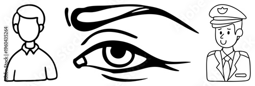 Black vector stylized human eye, uniformed officer, generic man. Flat design, isolated elements, symbolic representation, graphic symbols for UI or signage.