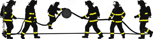 Firefighter silhouettes with hose, emergency response teamwork, protective gear and safety equipment, fire rescue training illustration