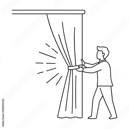 Man opening curtains to let sunlight in