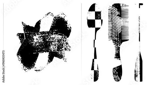 Stylized vector featuring distressed halftone textures, abstract shapes, graphic design elements, aesthetic, artistic symbols.