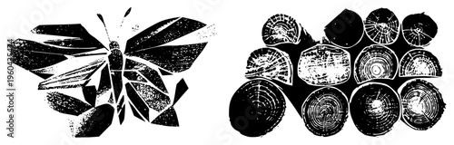 Stylized butterfly with fragmented wings and stacked log pile with visible growth rings, both rendered in high contrast halftone texture, ideal for graphic design or print.
