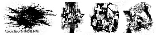 Dynamic ink splatter textures, fragmented typographic pieces, abstract composition, graphic design elements, bold contrast visuals, modern art motifs.