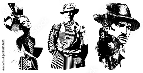 Bold black and white portraits of fashion models, halftone, stylized clothing, graphic design art, pop art aesthetic, fashion, vector illustration.
