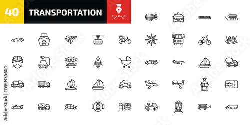 transportation outline icon set. 40 linear vector for ui, web and mobile. thin line zeppelin, taxi, monorail and more icons.